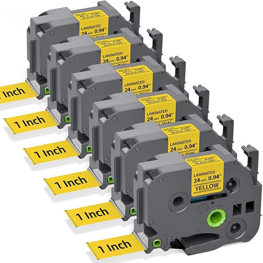 TZe-651 Compatible with Brother Label Maker Tape 24mm 0.94 Yellow P Touch TZe TZ Tape 1”Laminated Black on Yellow for PT D600 D610BT P710BT P750W P700 P900W P950W Refills, 1 Inch x 26.2 feet, 6-Pack