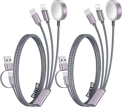 2Pack Multi Charging Cable Cord for Travel Essentials,Apple Watch Charger,iPhone Charger,[3-in-2] Type C/Lightning Cable Portable Designed for iWatch,iPhone 17-8,Galaxy S25-21,AirPods,iPad-1.8M Gray