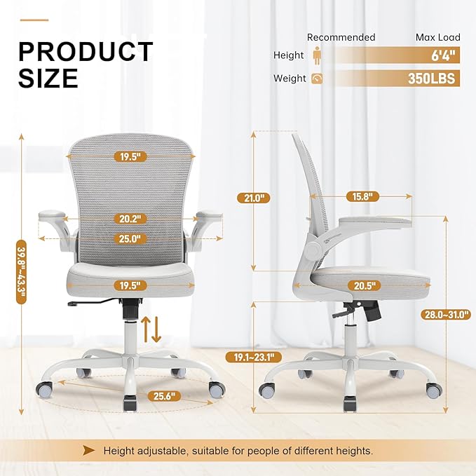 Synorla Office Chair, Ergonomic Desk Chairs 330LBS Capacity High Back Mesh Computer Chair with Flip-up Armrests, Comfy Work Chair with Adjustable Lumbar Support