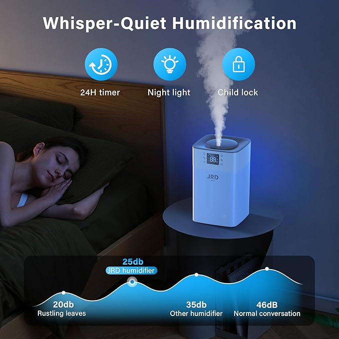 JRD 4L Humidifiers for Bedroom, Cool Mist Humidifier for Large Room, 40H Runtime, 360° Nozzle, Night Light for Home, Office, Baby Nursery, Plants（Grey）