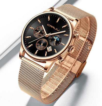 CRRJU Men's Fashion Casual Watches Auto Date Chronograph Watch Men Nice Work Watches Waterproof 30M Full Steel Quartz with Mesh Strap