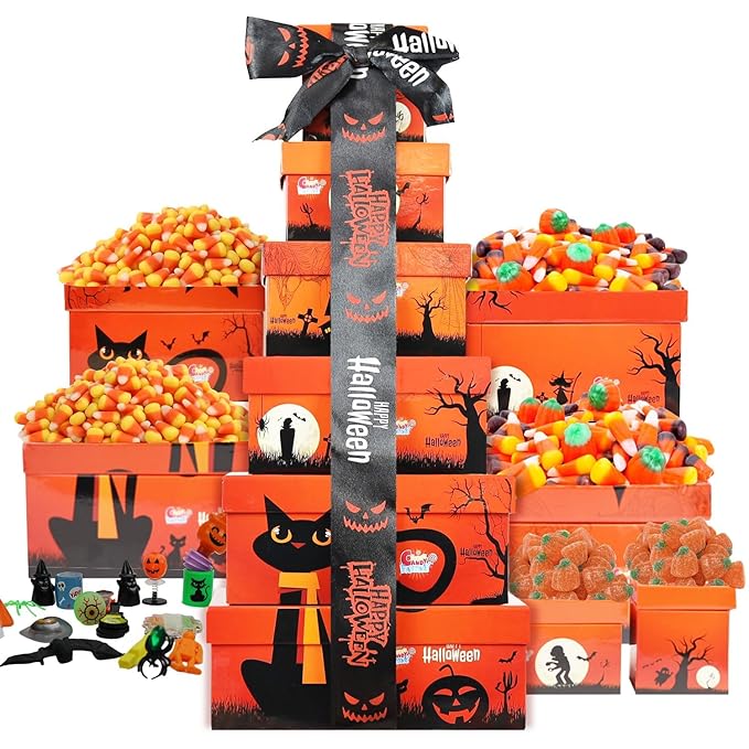 Sarah's Candy Factory Halloween Tower Box with Ribbon – 6 Tier Gift Box with Candy Corn, Autumn Mix, Indian Candy Corn, Jelly Pumpkins and 20 Fun Toys, Individually Wrapped Treat Packs