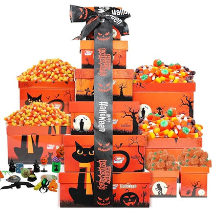 Sarah's Candy Factory Halloween Tower Box with Ribbon – 6 Tier Gift Box with Candy Corn, Autumn Mix, Indian Candy Corn, Jelly Pumpkins and 20 Fun Toys, Individually Wrapped Treat Packs