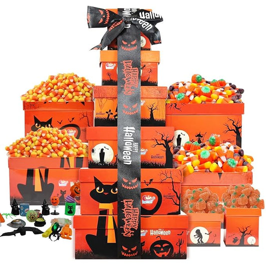 Sarah's Candy Factory Halloween Tower Box with Ribbon – 6 Tier Gift Box with Candy Corn, Autumn Mix, Indian Candy Corn, Jelly Pumpkins and 20 Fun Toys, Individually Wrapped Treat Packs