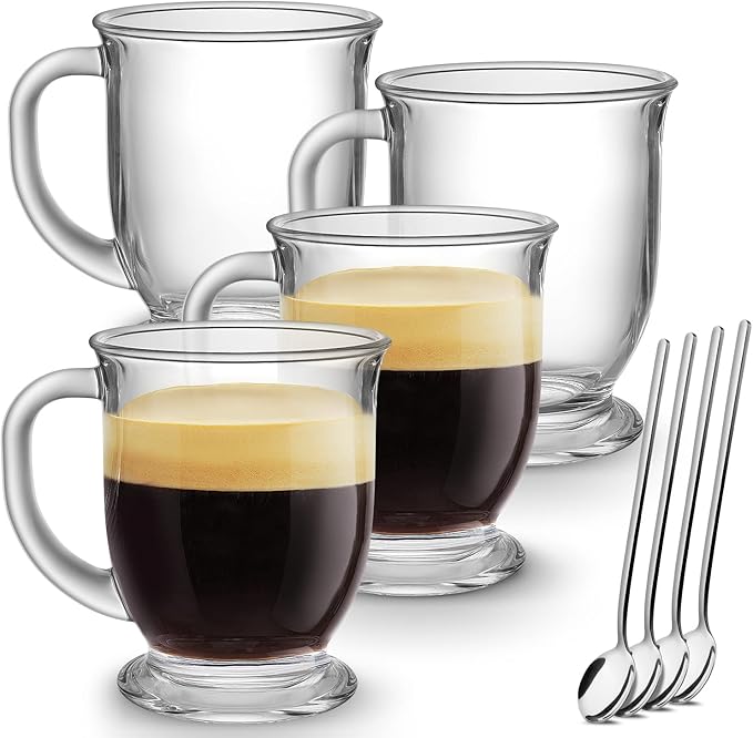 Mfacoy Glass Coffee Mugs Set of 4, Clear Large Coffee Mug 15 Oz With Handles for Hot Beverages, Clear Mugs for Tea, Cappuccino, Latte, Espresso Coffee, Juice, Glass Coffee Cups | Large Coffee Mug, With Handles, for Hot Beverages, Clear Mugs, for Tea, C...