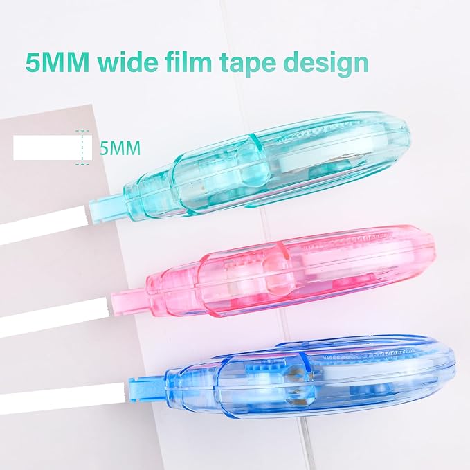 White Correction Tape Dispenser, Easy To Use Applicator for Instant Corrections, For school, Office (Blue,Green,Pink, 12pack, 6M/256, Tape Width 0.2in)