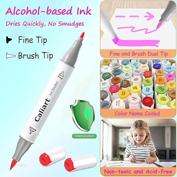 Caliart Alcohol Based Markers, 81 Colors Artist Drawing Markers Set Dual Tip Brush & Fine Permanent Colored Art Pens, Christmas Gifts for Teen Girls Boys Kids Adults Coloring Book Illustration