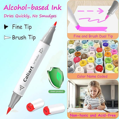 Caliart Alcohol Based Markers, 81 Colors Artist Drawing Markers Set Dual Tip Brush & Fine Permanent Colored Art Pens, Christmas Gifts for Teen Girls Boys Kids Adults Coloring Book Illustration