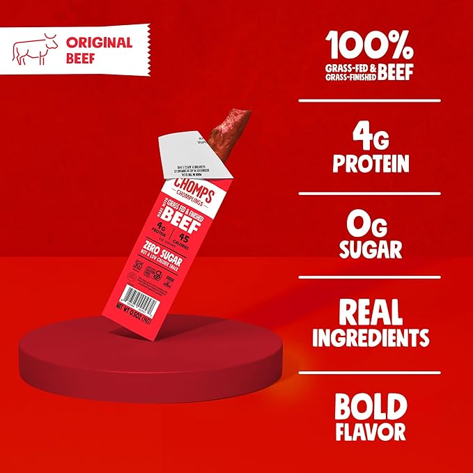 Chomps Snack Size Grass-Fed Original Beef Jerky Snack Sticks 0.5oz 24-Pack - Keto, Paleo, Whole30, 4g Lean Meat Protein, Gluten-Free, Zero Sugar Food, Non-GMO Chomplings