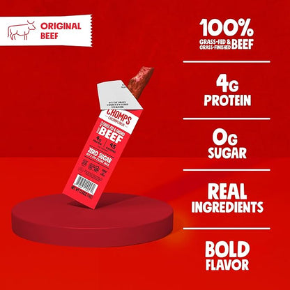Chomps Snack Size Grass-Fed Original Beef Jerky Snack Sticks 0.5oz 24-Pack - Keto, Paleo, Whole30, 4g Lean Meat Protein, Gluten-Free, Zero Sugar Food, Non-GMO Chomplings