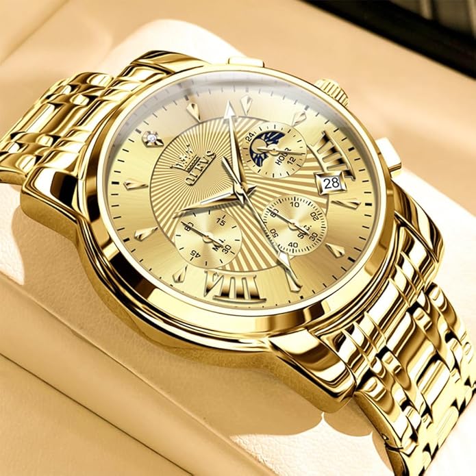 OLEVS Men's Luxury Watch Waterproof Luminous Easy Read Chronograph Watches Full Gold/White Dail/Black Face with Calendar Wristwatch