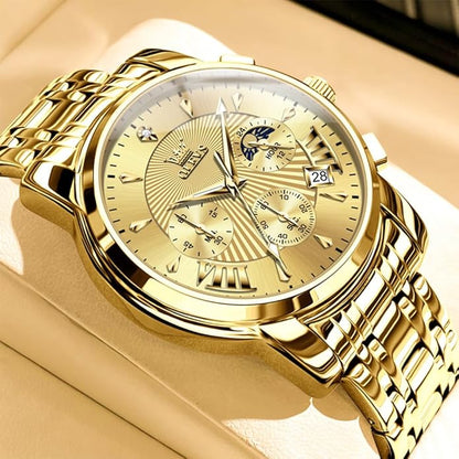 OLEVS Men's Luxury Watch Waterproof Luminous Easy Read Chronograph Watches Full Gold/White Dail/Black Face with Calendar Wristwatch