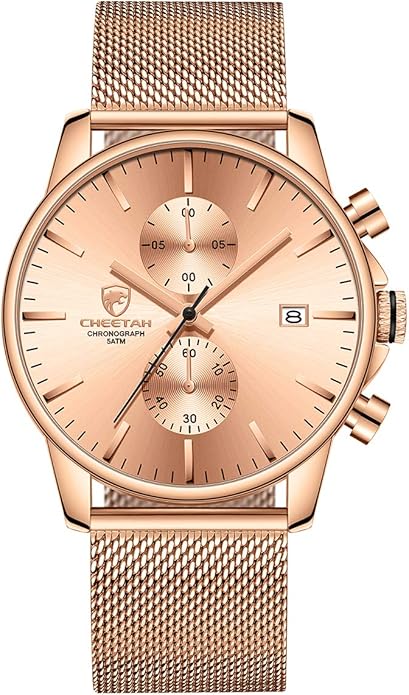 GOLDEN HOUR Mens Watch Fashion Sleek Minimalist Quartz Analog Mesh Stainless Steel Waterproof Chronograph Watches for Men with Auto Date