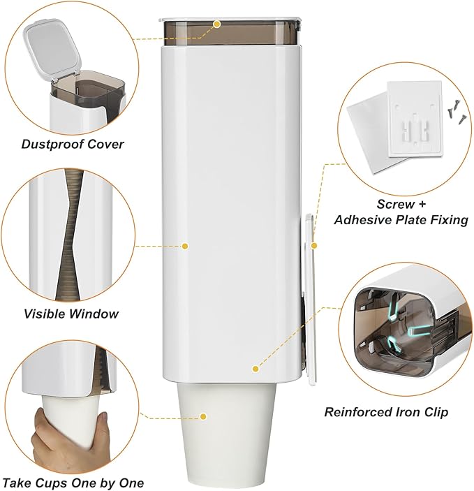 Cup Dispenser, Wall Mounted Mouthwash Cup Dispenser Fit 3oz-5oz Disposable Cups, Pull Type Water Cooler Cup Holder for Bathroom Office Gym School -White
