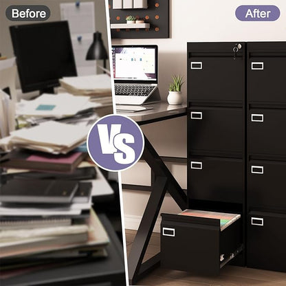 4 Drawer Metal File Cabinet with Lock, Black Lockable Filing Cabinets, Vertical Small File Cabinet with Key, Under Desk Filing Cabinets for Home Office