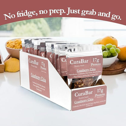 CuraBar Protein Bars – Cranberry Chia, 17g Protein, Low Carb, Gluten Free, Dairy Free, Healthy Snack, Seed Oil Free, No Artificial Ingredients, 12 Count