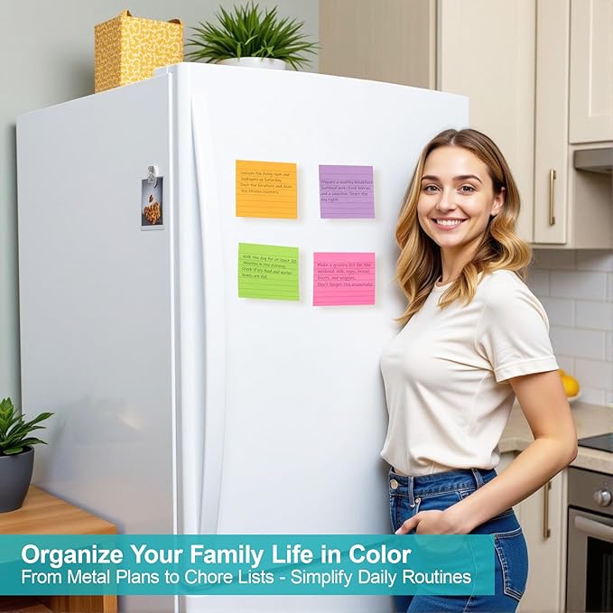 Lined Sticky Notes 4x4 in, 8 Pack Super Sticking Power Self-Stick Note Pads Bright Colors for Home, Office, School