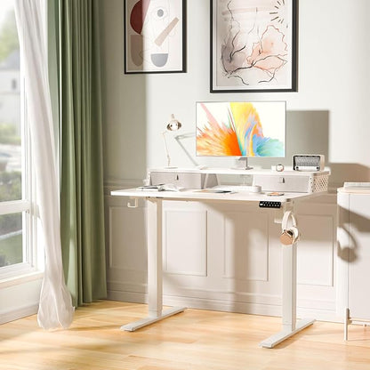 Electric Standing Desk with 2 Drawers 40''x 24'' Small Adjustable Height Sit to Stand Up Desk with Storage Shelf, C-Clamp Mount Compatible White Home Office Desks Computer Desk Ergonomic Workstation