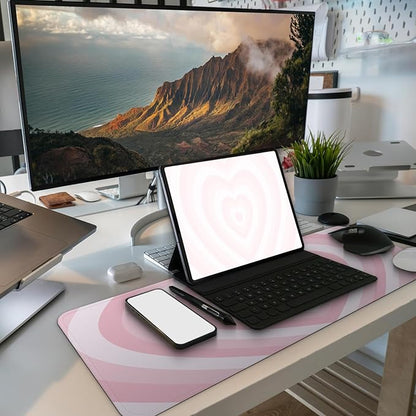 MAY FLOWER Large Gaming Mouse Pad, Full Keyboard Mat, Long Laptop Mousepad, Computer Mouse Mat for Home and Office, Anti-Slip Rubber Base, 31.5 x 11.8 Inches (Pink Loving Heart)
