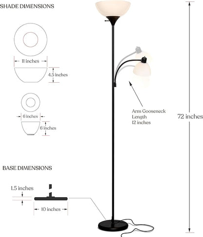Brightech Sky Dome Plus LED Floor lamp, Torchiere Super Bright Floor Lamp with Reading Lamp for Living Rooms & Offices - Dimmable Tall Standing Lamp for Bedroom Reading - Black
