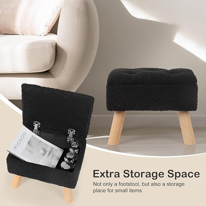 Storage Ottoman, Small Foot Stool Ottoman with Storage, Boucle Teddy Velvet Foot Rest with Padded Seat, Sturdy Wood Legs Stool for Living Room, Bedroom, Couch, Enterway (Black)