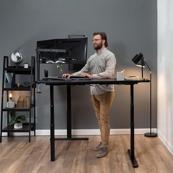 VIVO Electric Height Adjustable 83 x 60 inch Corner Stand Up Desk, 2 Rustic Vintage Brown Solid Table Tops, Black Frame, Memory Controller, L-Shaped Workstation, 3E Series, DESK-KIT-3E8N
