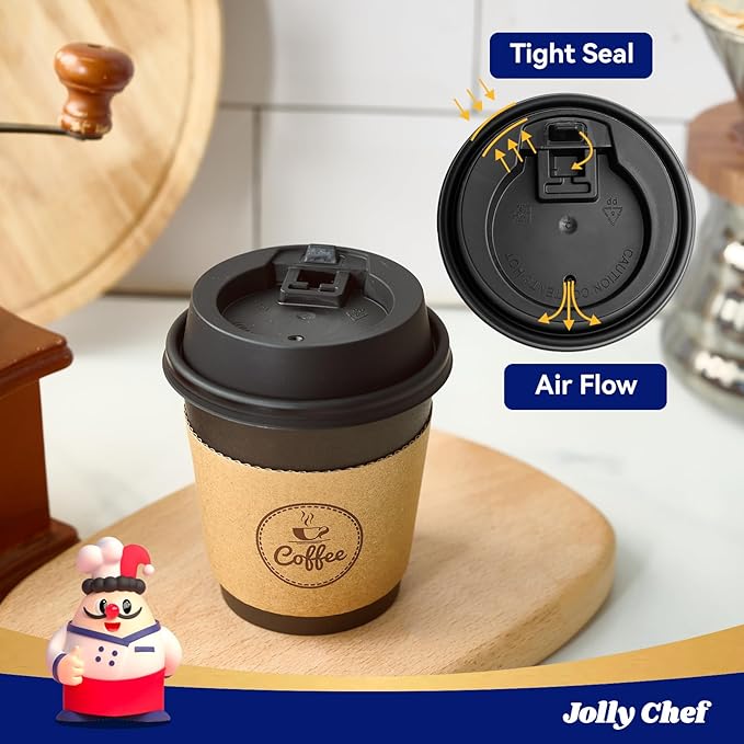 JOLLY CHEF 100 Count 10 oz Coffee Cups with Lids, Sleeves and Stirrers for Home, Office, Kitchen, Cafes, Disposable Hot Paper Cups for all Kinds of Beverages