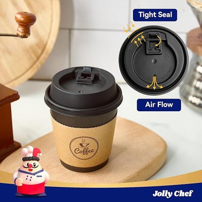JOLLY CHEF 100 Count 10 oz Coffee Cups with Lids, Sleeves and Stirrers for Home, Office, Kitchen, Cafes, Disposable Hot Paper Cups for all Kinds of Beverages