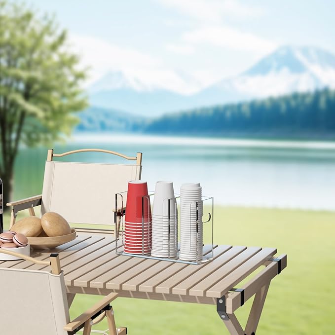 WINFFOR Disposable Cup Organizer Dispenser - 3 Compartments Clear Acrylic Cup and Lid Holder with Handles Plastic Cup Dispenser Countertop Paper Cup Holder for Coffee Bar House Party Essentials