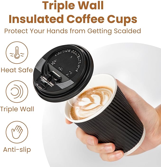 Fit Meal Prep 250 Pack 8 oz Black Disposable Coffee Cups with Lids & Stirrers, Corrugated Triple Wall To Go Hot Cups, Insulated Paper Coffee Cups for Hot Beverages, Travel, Home, Office (Black Lids)