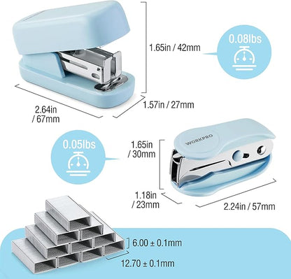 WORKPRO Mini Stapler with Staples, Blue Stapler Set Includes Two Small Staplers, One Staple Remover, 2000 Standard Staples, Lock Design, Non-Slip Base - Staplers for Desk, Classroom, Office