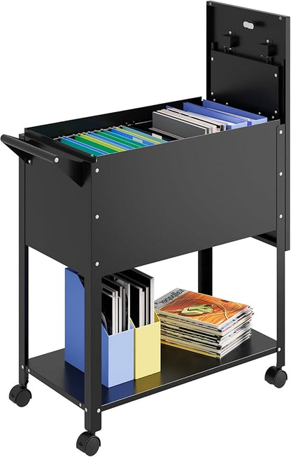 Mobile File Cart with Lock, Rolling File Cabinet Hanging Letter/Legal Size with Lockable Sliding Cover, Office File Organizer on Wheels