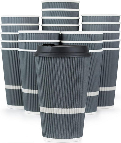 Disposable Coffee Cups With Lids - 16 oz To Go Coffee Cup (70 Pack). Large Travel Cups Hold Shape With Hot and Cold Drinks, No Leaks! Insulated Ripple Cups Protect Hands, No Sleeves needed!