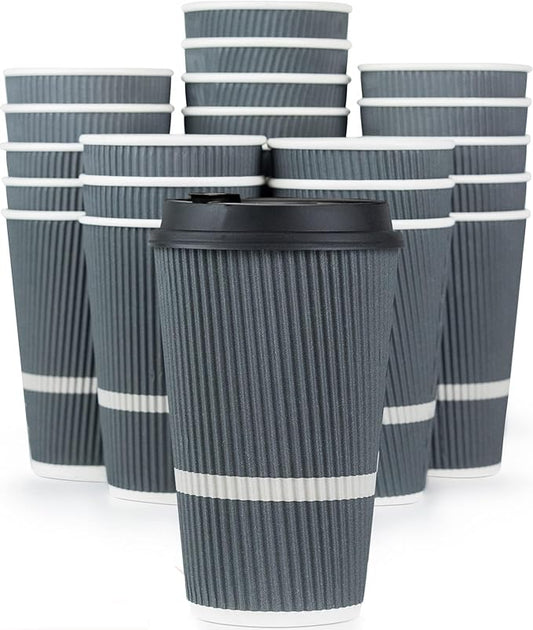 Disposable Coffee Cups With Lids - 16 oz To Go Coffee Cup (70 Pack). Large Travel Cups Hold Shape With Hot and Cold Drinks, No Leaks! Insulated Ripple Cups Protect Hands, No Sleeves needed!