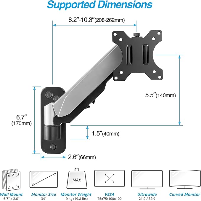 AVLT Single 32" Monitor Wall Mount [Short] fits One Flat/Curved Computer Monitor Full Motion Height Swivel Tilt Rotation Adjustable Monitor Arm - VESA/Cable Management