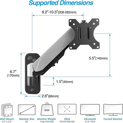 AVLT Single 32" Monitor Wall Mount [Short] fits One Flat/Curved Computer Monitor Full Motion Height Swivel Tilt Rotation Adjustable Monitor Arm - VESA/Cable Management