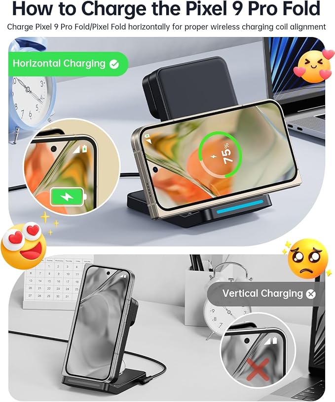 Foldable Wireless Charger for Google Pixel Watch 3/2, 3 in 1 Fast Charging Station Stand for Pixel 10 Pro XL/10 Pro/9/8/7 Pro/8a/8/7/6 Pro and Buds (Not for Pixel Watch 4/1) with QC Adapter