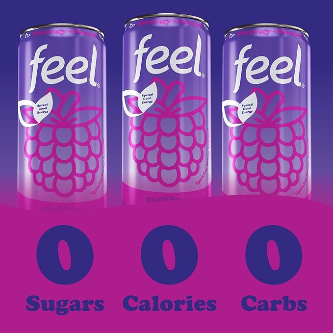 FEEL Zero Sugar Natural Energy Drink – Blackberry Pomegranate, 140mg Plant-Based Caffeine with L-Theanine for Focus, Vitamin C for Immunity, Vegan, Non-GMO, No Artificial Sweeteners, 12 Fl Oz Cans (12-Pack)