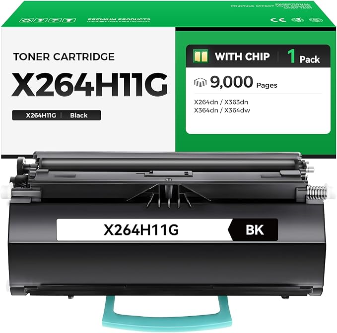 X264H11G Black Toner Cartridge with chip High Yield 1-Pack Replacement for Lexmark X264H11G Toner Compatible with Lexmark X264dn X363dn X364dn X364dw Laser Printer Ink All-in-One Copier (9,000 Pages)
