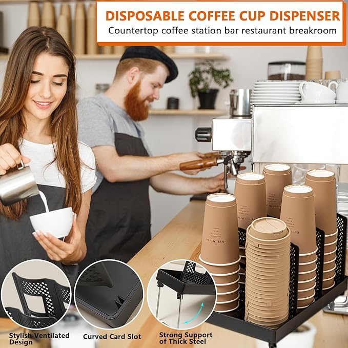 Cup and Lid Holder, CIT ZCFYU Adjustable Coffee Cup Organizer 6 Compartment, Disposable Paper Cup Dispenser fits 8-22oz, Plastic Cup Storage Rack for Coffee Station Bar Countertop Breakroom, Station