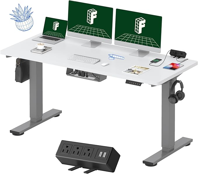 FLEXISPOT EN2 Whole-Piece Standing Desk with Clamp Power Strip, 60 x 24 Electric Stand Up Height Adjustable Desk with Cable Management (Gray Frame + 60" White Top, 2 Packages)