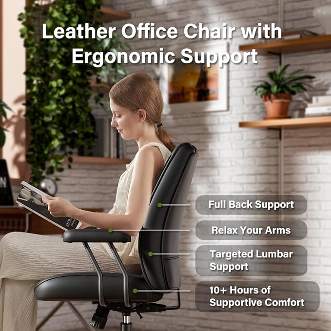 Black Leather Office Desk Chair with Wheels, Quiet Casters, Height Adjustable, Padded Arms, Vintage Mid Century Office Chair, Retro Style Desk Chair