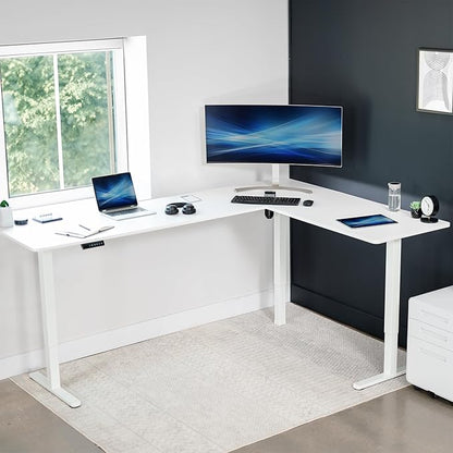 VIVO Electric Corner 84 x 63 inch L-Shaped Standing Desk, Memory Height Adjustment, White Top White Frame, DESK-E3CTWW-84