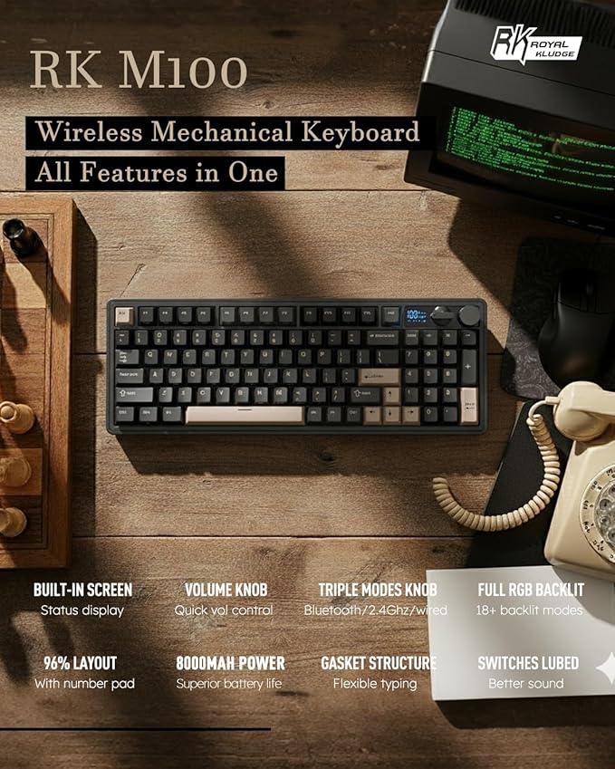 RK ROYAL KLUDGE M100 Wireless Mechanical Keyboard w/Screen & Dual Knobs, Tri-Mode Gasket Mount Gaming Keyboard with Number Pad, Hot Swappable Cream Switch, Black