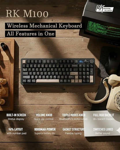 RK ROYAL KLUDGE M100 Wireless Mechanical Keyboard w/Screen & Dual Knobs, Tri-Mode Gasket Mount Gaming Keyboard with Number Pad, Hot Swappable Cream Switch, Black
