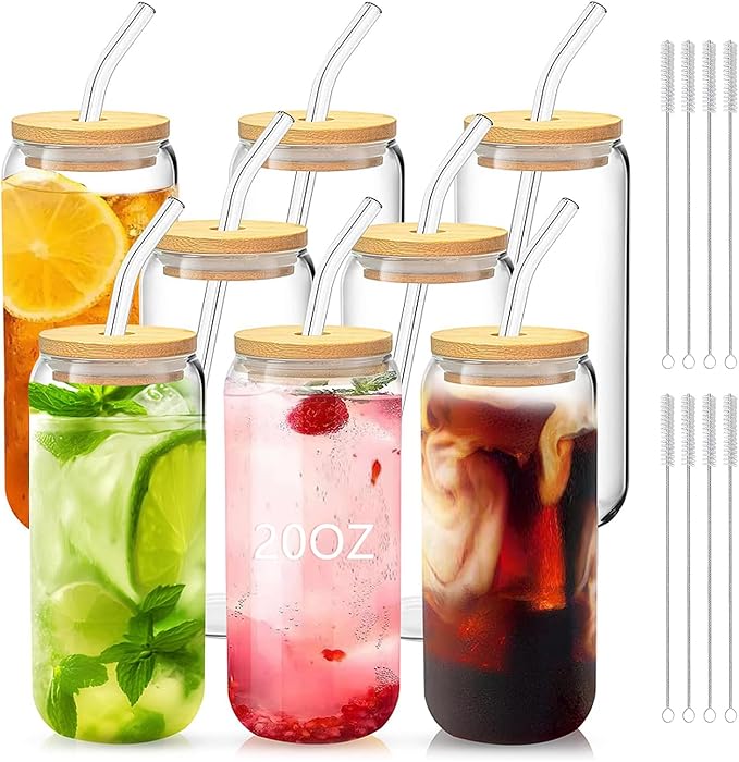 Glass Tumblers with Lids and Straws Set of 8 – 20oz Iced Coffee Tumblers for Family Gatherings, Holiday Parties, and Daily Drinks – Gift-Ready Drinkware for Women, Friends, or Hostess
