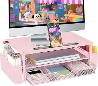 AUPSEN Pink Desk Organizers and Accessories, 2-Tier Wood Computer Monitor Stand with Drawer, Pen Storage & Phone Holder, Office Desk Accessories, Workspace Desktop Organization for Office Supplies