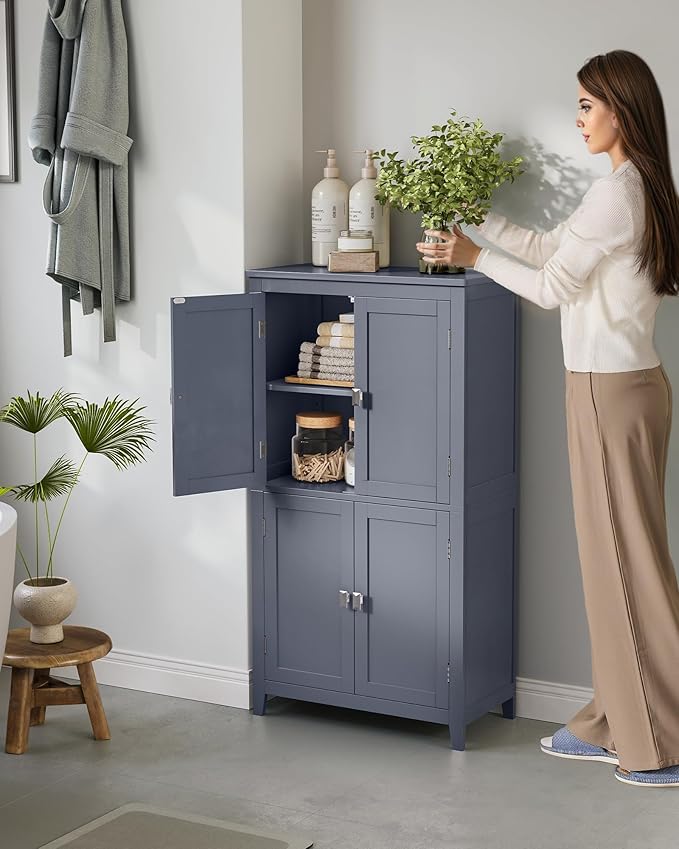 VASAGLE Floor Storage Cabinet, Freestanding Storage Unit with 4 Doors, Adjustable Shelves, 11.8 x 23.6 x 43.3 Inches, for Entryway, Bathroom, Slate Gray UBBC552G01V