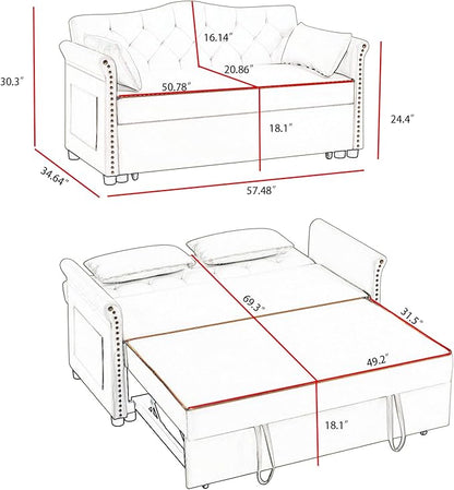 57'' Convertible Sleeper Sofa Bed with Adjustable Backrest, Chaise Lounge,2 Pillows & Side Storage Pockets – Stylish & Functional Furniture for Living Room or Small Spaces (White Sofa Bed)