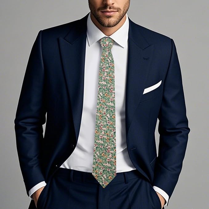 Cotton Floral Ties for Men 2.76" Men's Skinny Tie Linen Flower Printed Neck Tie for Wedding Dating Party